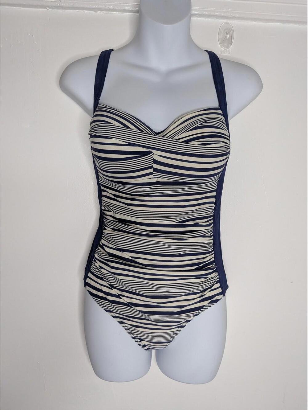 Niptuck Swim One Piece Swimsuit Womens 6 Blue Stripe Ruched Adjustable Swimwear